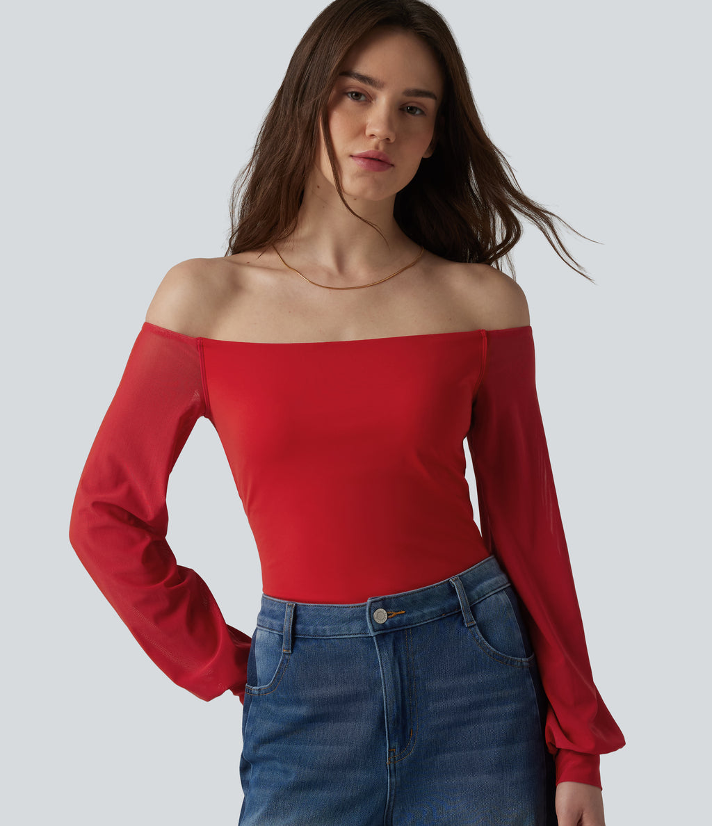 Airy Off-Shoulder Long Sleeve Breathable Mesh Built-in Bra InstantCool Casual T-Shirt — Mars Red — view 5