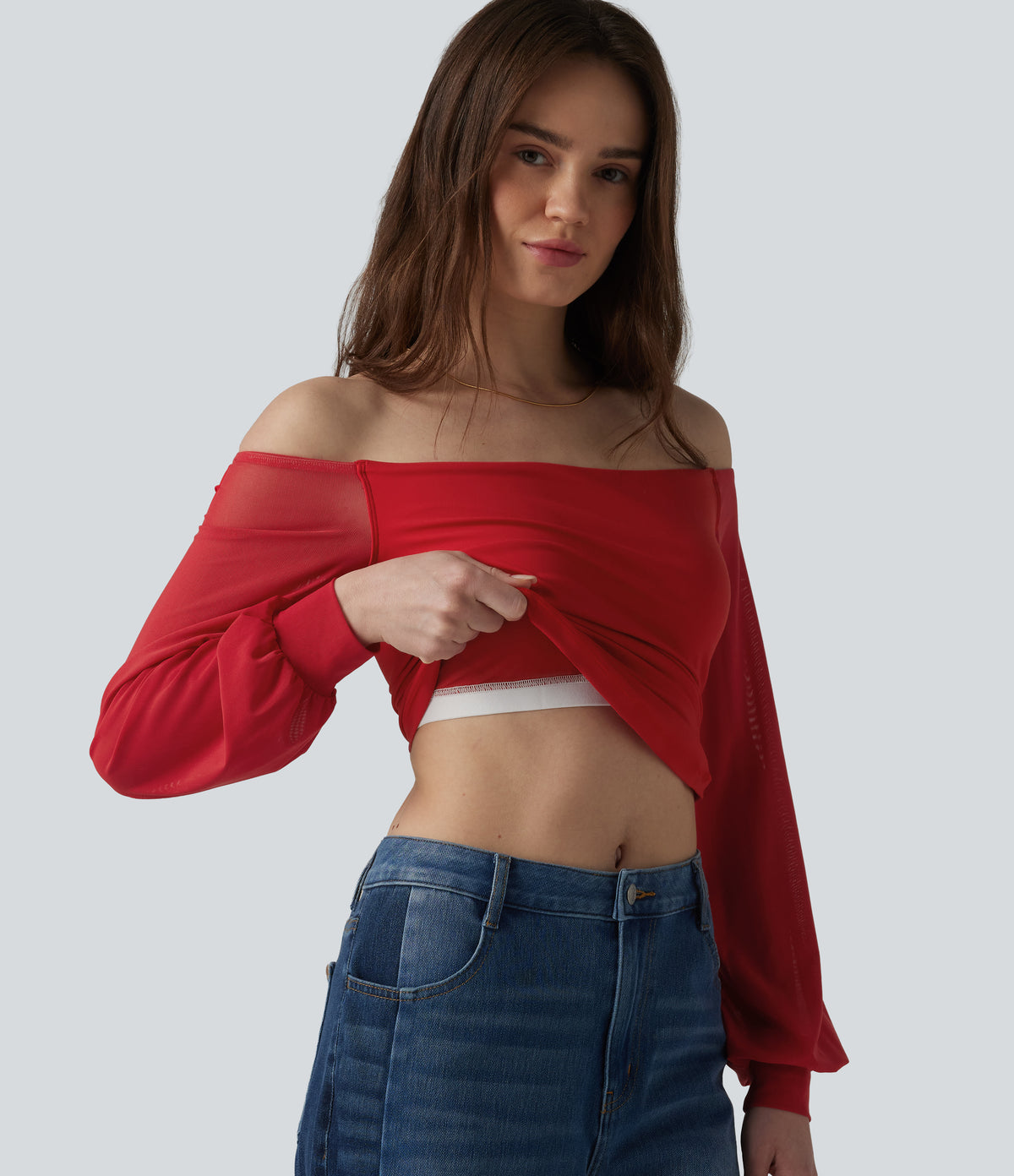 Airy Off-Shoulder Long Sleeve Breathable Mesh Built-in Bra InstantCool Casual T-Shirt — Mars Red — view 1