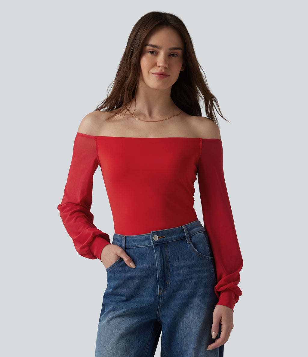 Airy Off-Shoulder Long Sleeve Breathable Mesh Built-in Bra InstantCool Casual T-Shirt — Mars Red — view 3