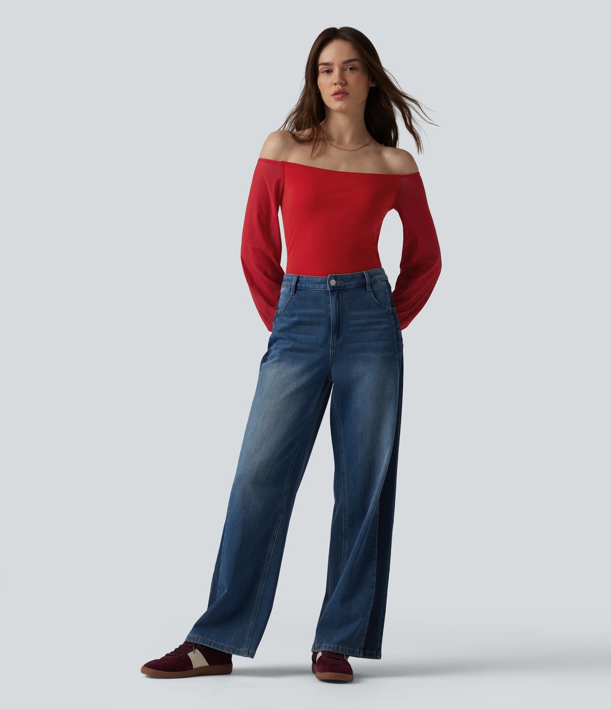 Airy Off-Shoulder Long Sleeve Breathable Mesh Built-in Bra InstantCool Casual T-Shirt — Mars Red — view 8