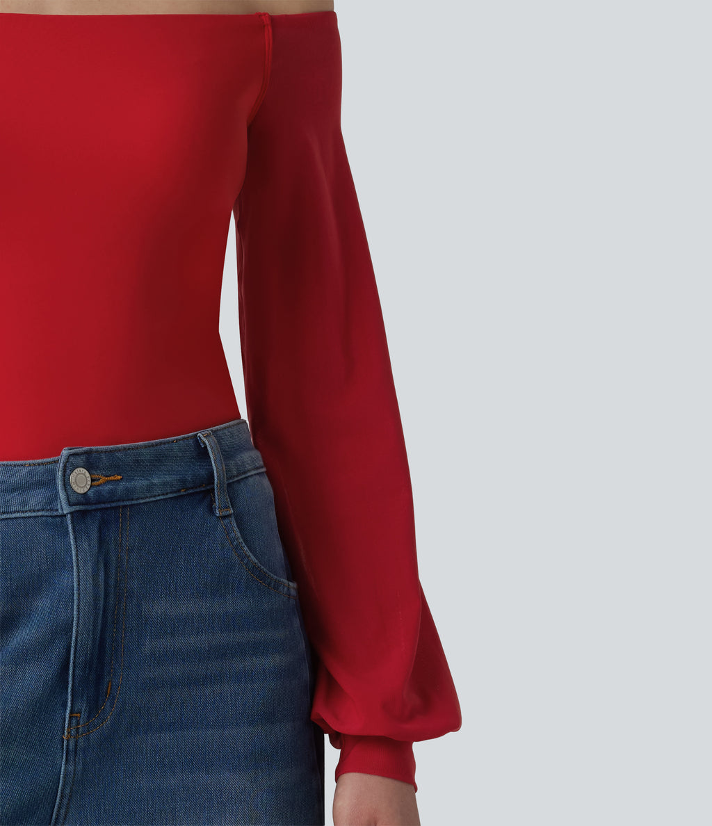 Airy Off-Shoulder Long Sleeve Breathable Mesh Built-in Bra InstantCool Casual T-Shirt — Mars Red — view 6