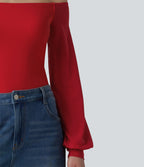 Airy Off-Shoulder Long Sleeve Breathable Mesh Built-in Bra InstantCool Casual T-Shirt — Mars Red — view 6