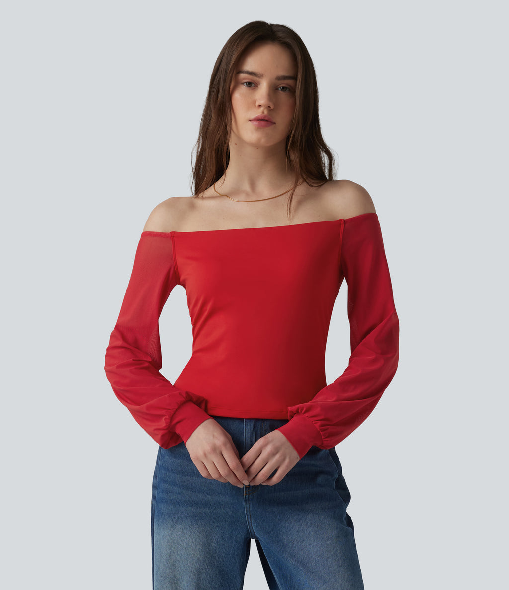 Airy Off-Shoulder Long Sleeve Breathable Mesh Built-in Bra InstantCool Casual T-Shirt — Mars Red — view 7