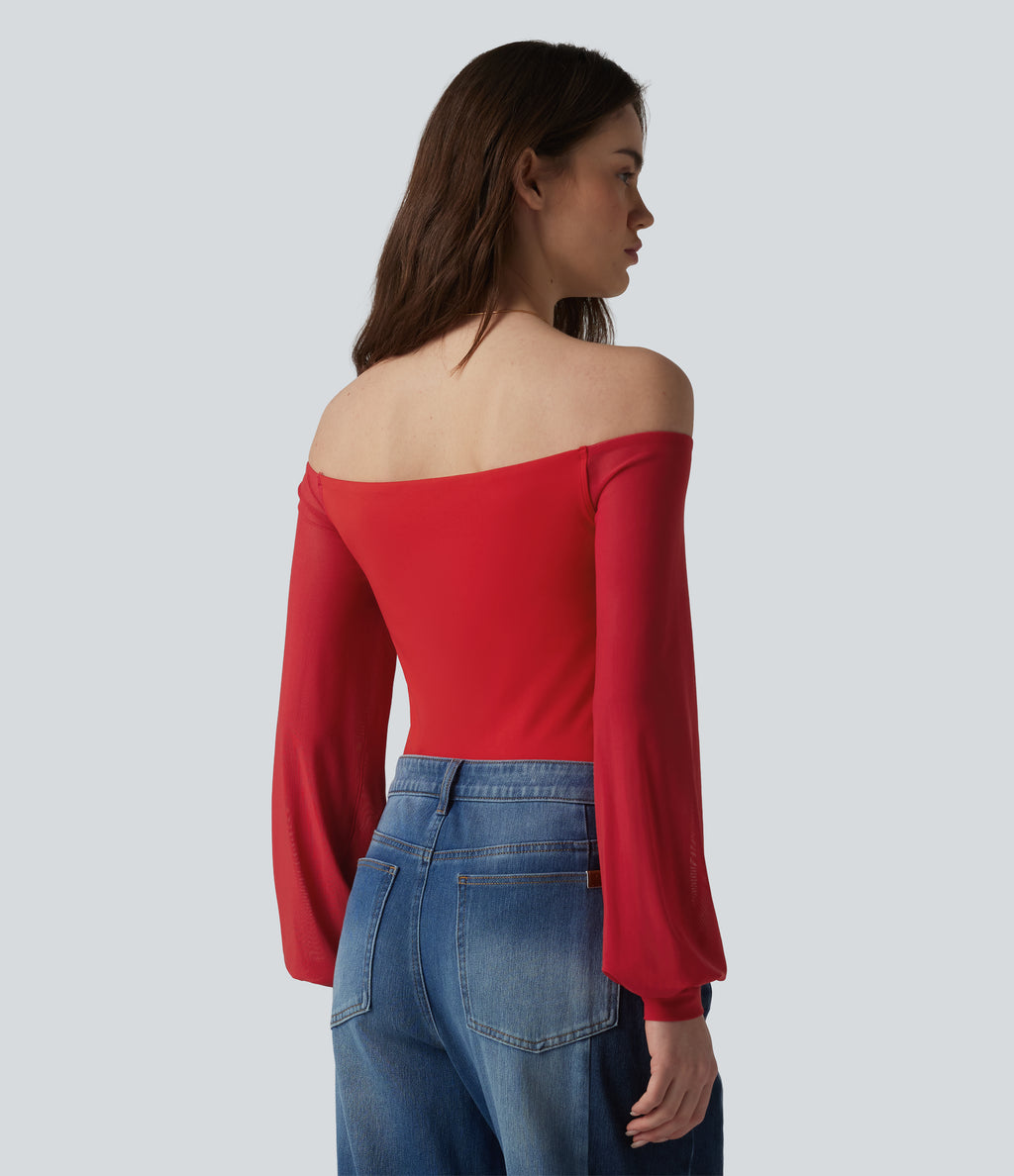 Airy Off-Shoulder Long Sleeve Breathable Mesh Built-in Bra InstantCool Casual T-Shirt — Mars Red — view 2