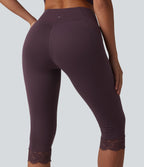 Crossover High Waisted Contrast Lace Yoga Pedal Pusher Leggings with Pockets — Dusky Evening purple — view 5