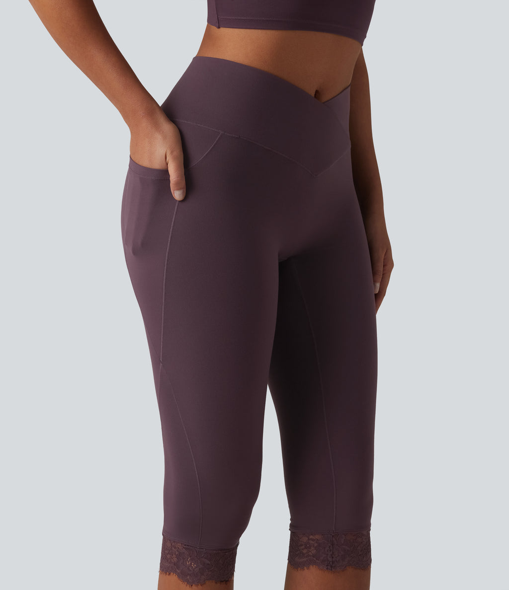 Crossover High Waisted Contrast Lace Yoga Pedal Pusher Leggings with Pockets — Dusky Evening purple — view 4