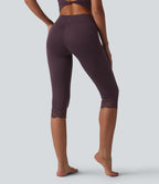 Crossover High Waisted Contrast Lace Yoga Pedal Pusher Leggings with Pockets — Dusky Evening purple — view 2