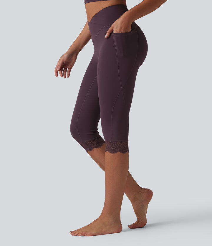 Crossover High Waisted Contrast Lace Yoga Pedal Pusher Leggings with Pockets — Dusky Evening purple — view 1