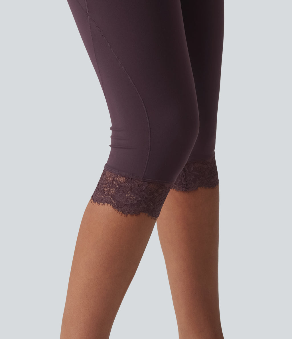 Crossover High Waisted Contrast Lace Yoga Pedal Pusher Leggings with Pockets — Dusky Evening purple — view 6