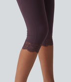 Crossover High Waisted Contrast Lace Yoga Pedal Pusher Leggings with Pockets — Dusky Evening purple — view 6