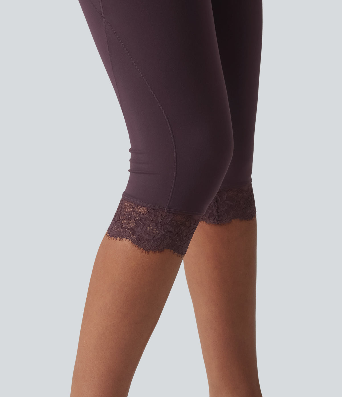 Crossover High Waisted Contrast Lace Yoga Pedal Pusher Leggings with Pockets — Dusky Evening purple — view 6