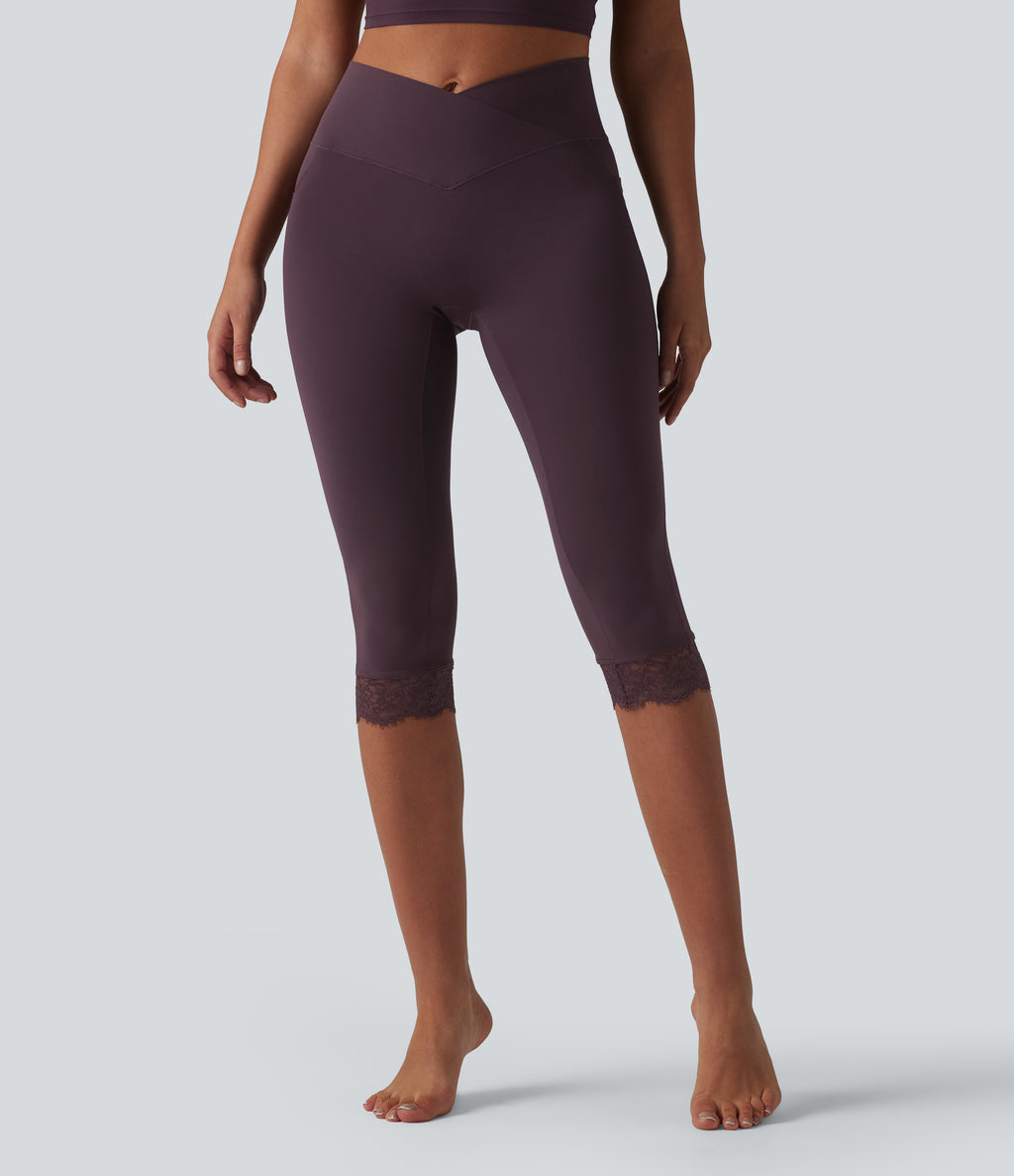 Crossover High Waisted Contrast Lace Yoga Pedal Pusher Leggings with Pockets — Dusky Evening purple — view 3