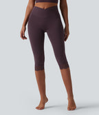 Crossover High Waisted Contrast Lace Yoga Pedal Pusher Leggings with Pockets — Dusky Evening purple — view 3