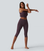 Crossover High Waisted Contrast Lace Yoga Pedal Pusher Leggings with Pockets — Dusky Evening purple — view 7