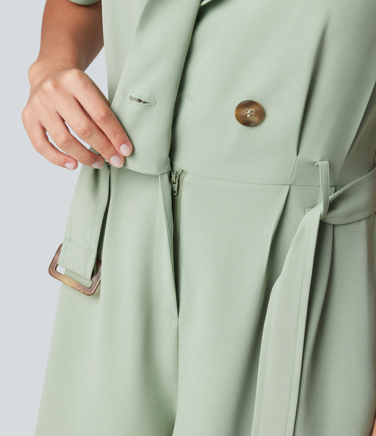 Shawl Collar Short Sleeve Belted Work Playsuit with Pockets — Cameo Green — view 6