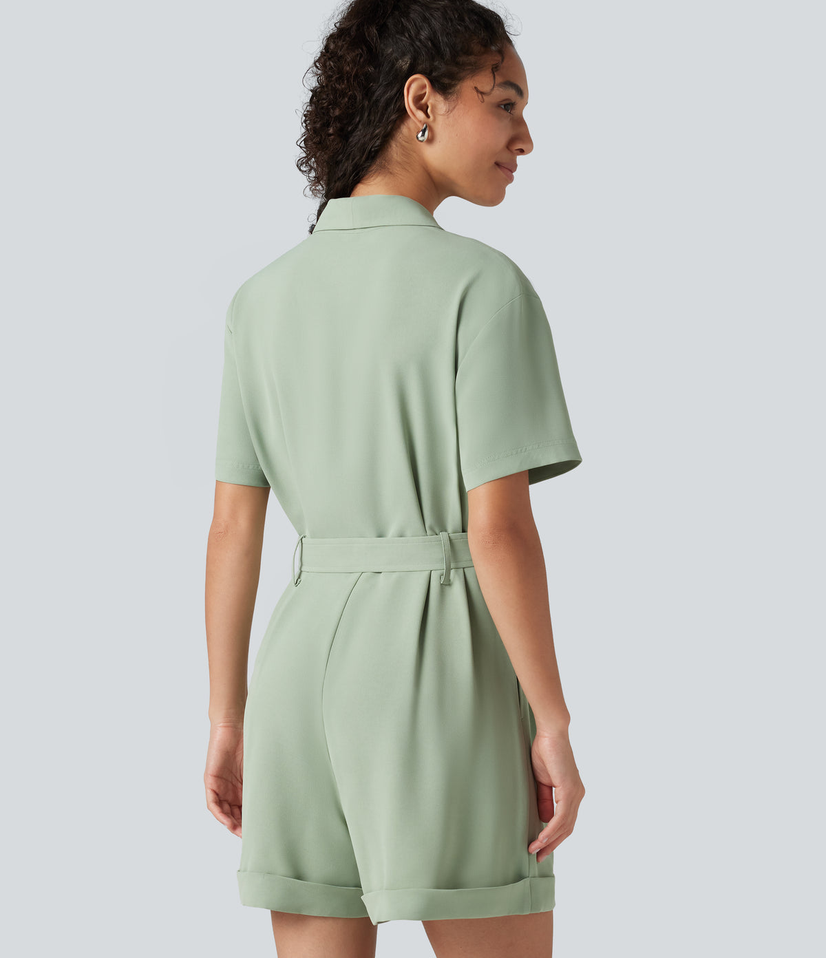 Shawl Collar Short Sleeve Belted Work Playsuit with Pockets — Cameo Green — view 4