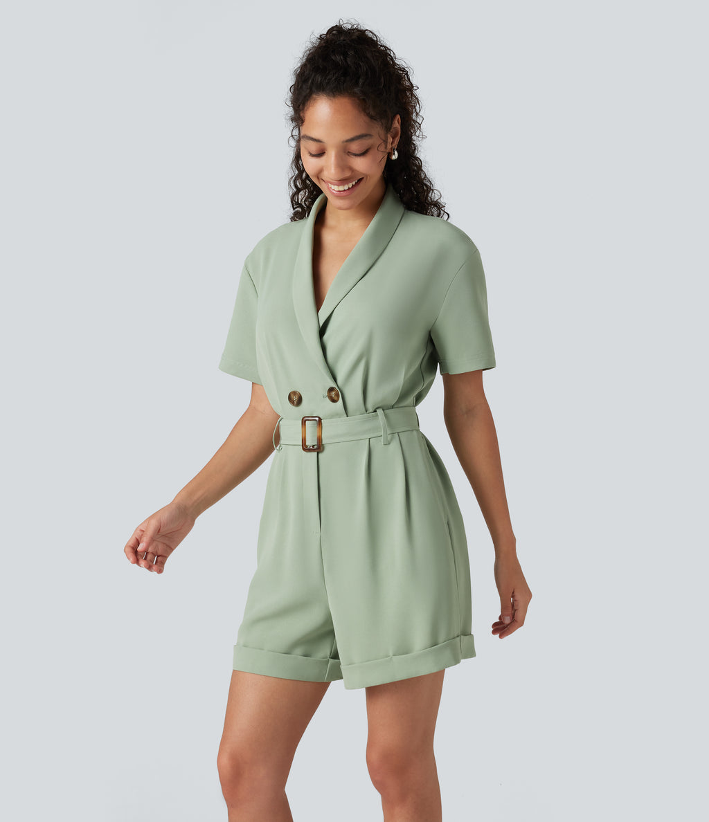 Shawl Collar Short Sleeve Belted Work Playsuit with Pockets — Cameo Green — view 3