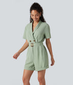 Shawl Collar Short Sleeve Belted Work Playsuit with Pockets — Cameo Green — view 3
