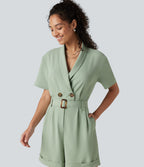 Shawl Collar Short Sleeve Belted Work Playsuit with Pockets — Cameo Green — view 5