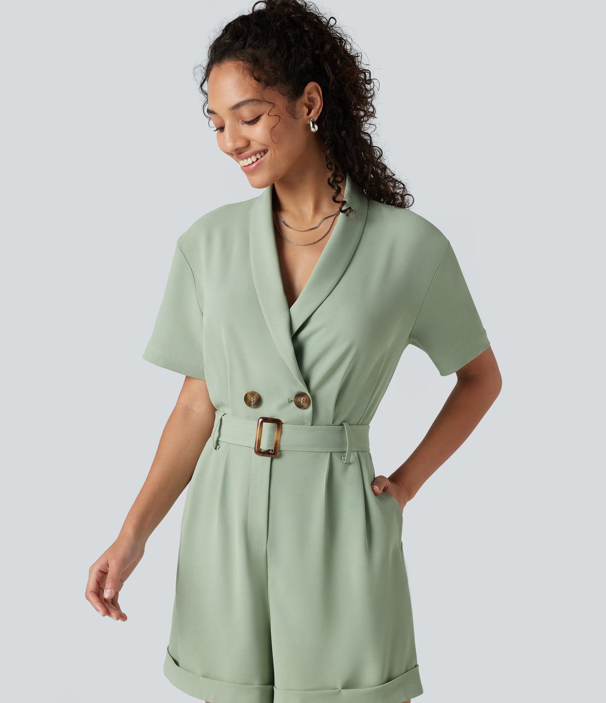 Shawl Collar Short Sleeve Belted Work Playsuit with Pockets — Cameo Green — view 5