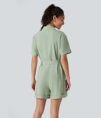 Shawl Collar Short Sleeve Belted Work Playsuit with Pockets — Cameo Green — view 2