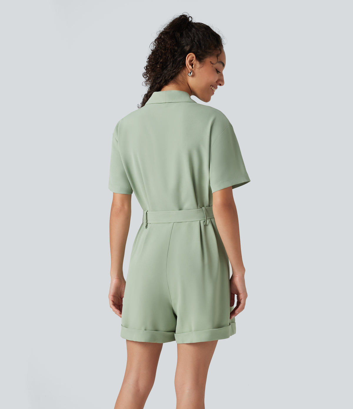 Shawl Collar Short Sleeve Belted Work Playsuit with Pockets — Cameo Green — view 2