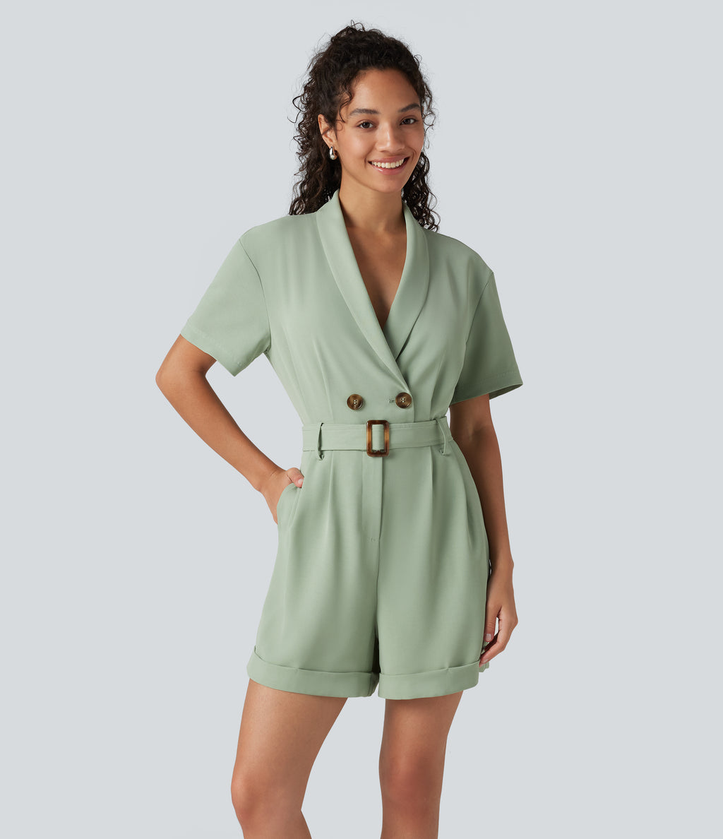 Shawl Collar Short Sleeve Belted Work Playsuit with Pockets — Cameo Green — view 1