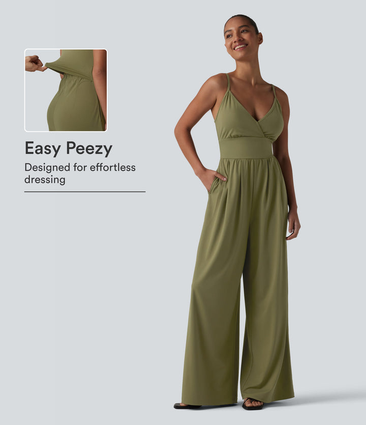 V Neck Built-in Bra Casual Slip Jumpsuit with Pockets-Edition — Capulet Olive — view 1