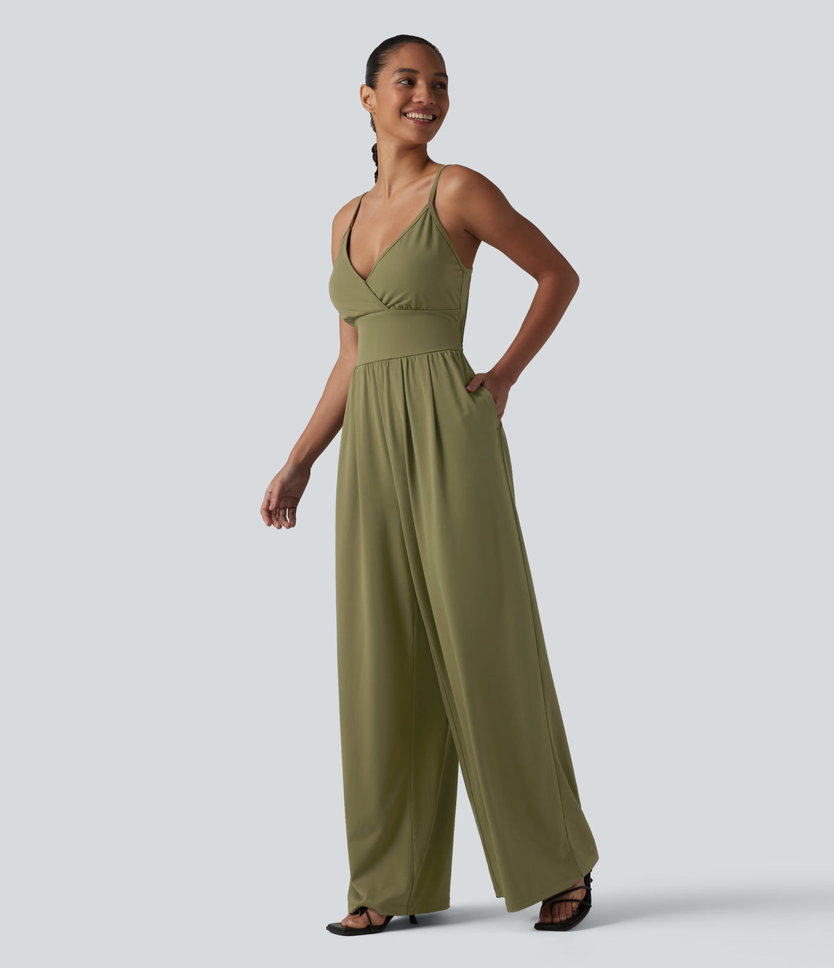V Neck Built-in Bra Casual Slip Jumpsuit with Pockets-Edition — Capulet Olive — view 3