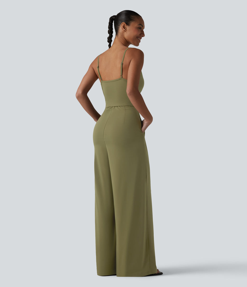 V Neck Built-in Bra Casual Slip Jumpsuit with Pockets-Edition — Capulet Olive — view 2