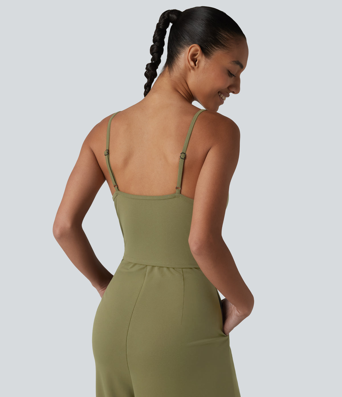V Neck Built-in Bra Casual Slip Jumpsuit with Pockets-Edition — Capulet Olive — view 5