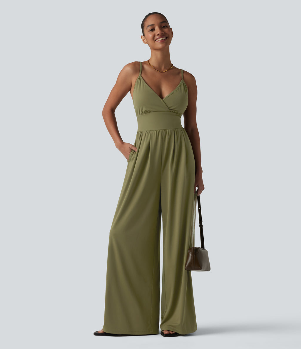 V Neck Built-in Bra Casual Slip Jumpsuit with Pockets-Edition — Capulet Olive — view 7