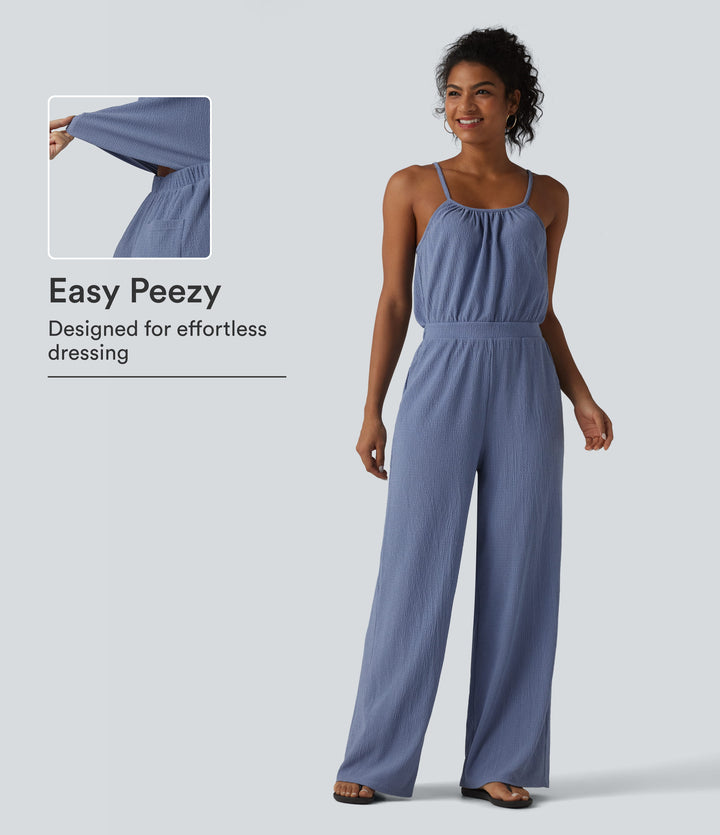 Wide Leg Casual Slip Jumpsuit with Pockets-Edition — Country Blue — view 1