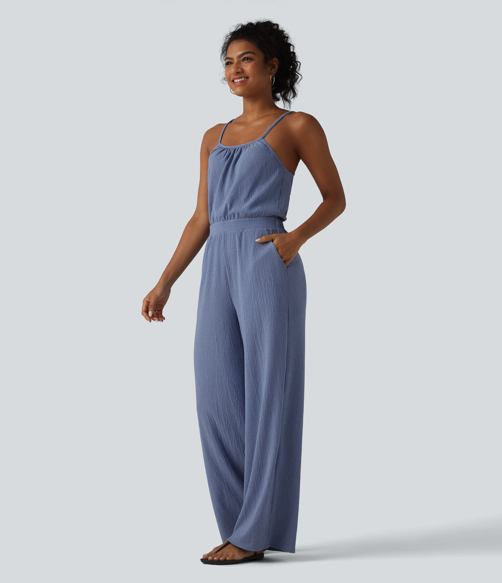 Wide Leg Casual Slip Jumpsuit with Pockets-Edition — Country Blue — view 3