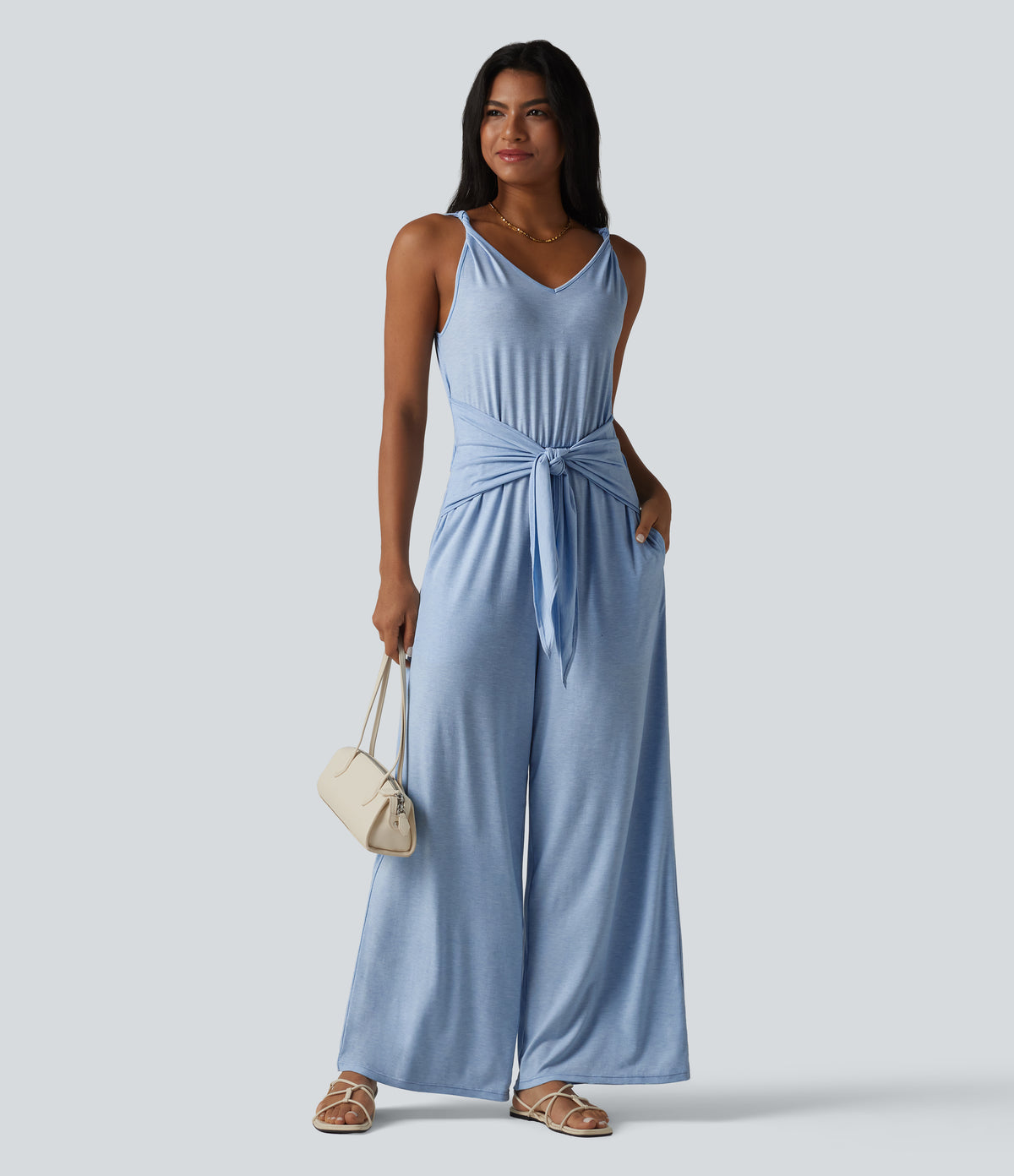 V Neck Sleeveless Tie Front Wide Leg Casual Jumpsuit with Pockets-Edition — Cloudlight Blue — view 6