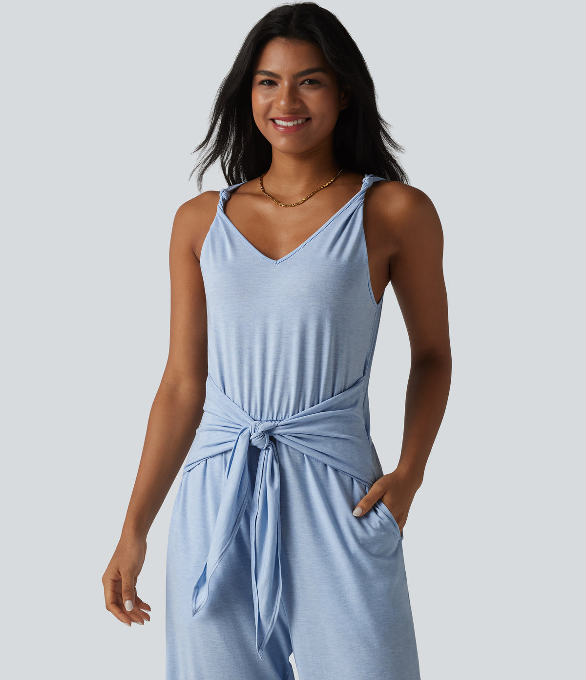 V Neck Sleeveless Tie Front Wide Leg Casual Jumpsuit with Pockets-Edition — Cloudlight Blue — view 4