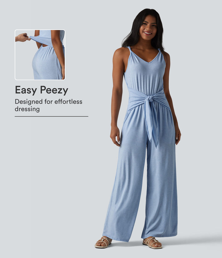V Neck Sleeveless Tie Front Wide Leg Casual Jumpsuit with Pockets-Edition — Cloudlight Blue — view 1