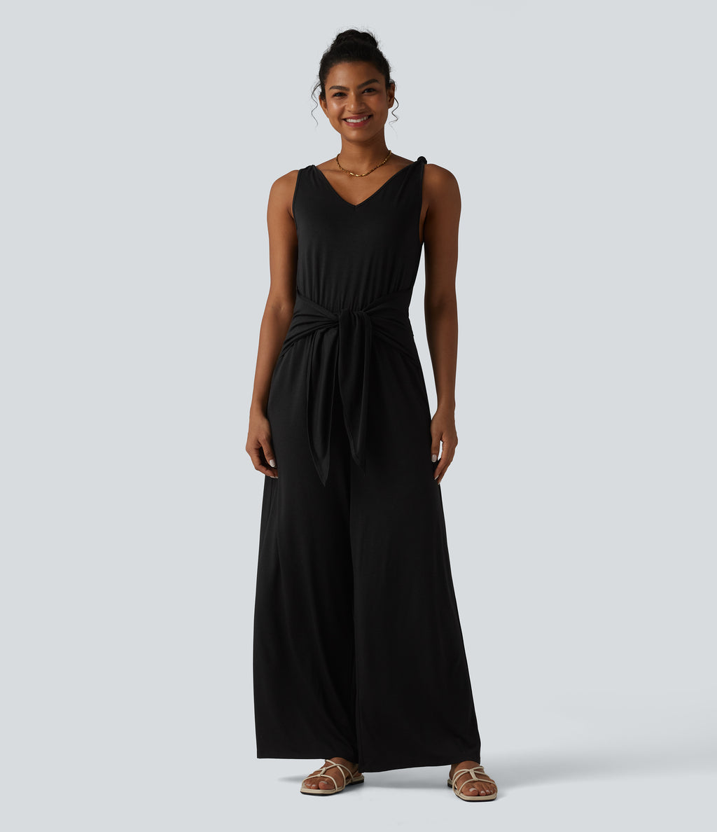 V Neck Sleeveless Tie Front Wide Leg Casual Jumpsuit with Pockets-Edition — Black — view 7