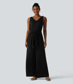 V Neck Sleeveless Tie Front Wide Leg Casual Jumpsuit with Pockets-Edition — Black — view 7