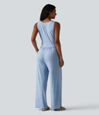 V Neck Sleeveless Tie Front Wide Leg Casual Jumpsuit with Pockets-Edition — Cloudlight Blue — view 2