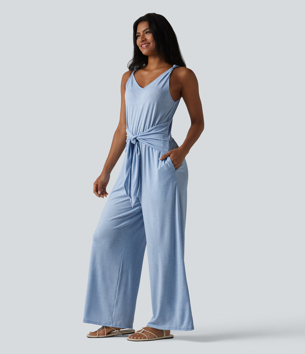 V Neck Sleeveless Tie Front Wide Leg Casual Jumpsuit with Pockets-Edition — Cloudlight Blue — view 3