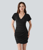 V-neck Short Sleeve Ruched Crossover Hem Mini Casual Bodycon Dress — Black — view 8