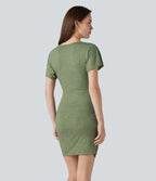 V-neck Short Sleeve Ruched Crossover Hem Mini Casual Bodycon Dress — Light Green Floral Yarn — view 2