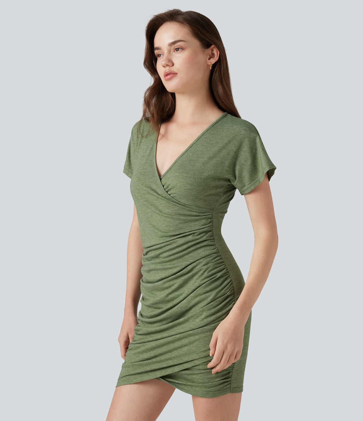 V-neck Short Sleeve Ruched Crossover Hem Mini Casual Bodycon Dress — Light Green Floral Yarn — view 6
