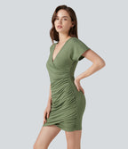 V-neck Short Sleeve Ruched Crossover Hem Mini Casual Bodycon Dress — Light Green Floral Yarn — view 3