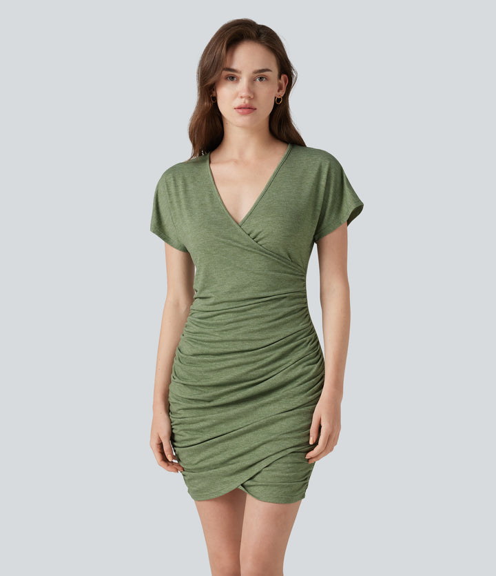 V-neck Short Sleeve Ruched Crossover Hem Mini Casual Bodycon Dress — Light Green Floral Yarn — view 1