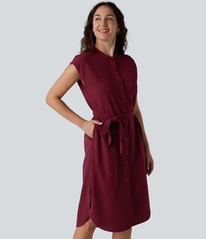 Short Sleeve Belted Curved Hem Midi Work Shirt Dress with Pockets — Cabernet — view 1