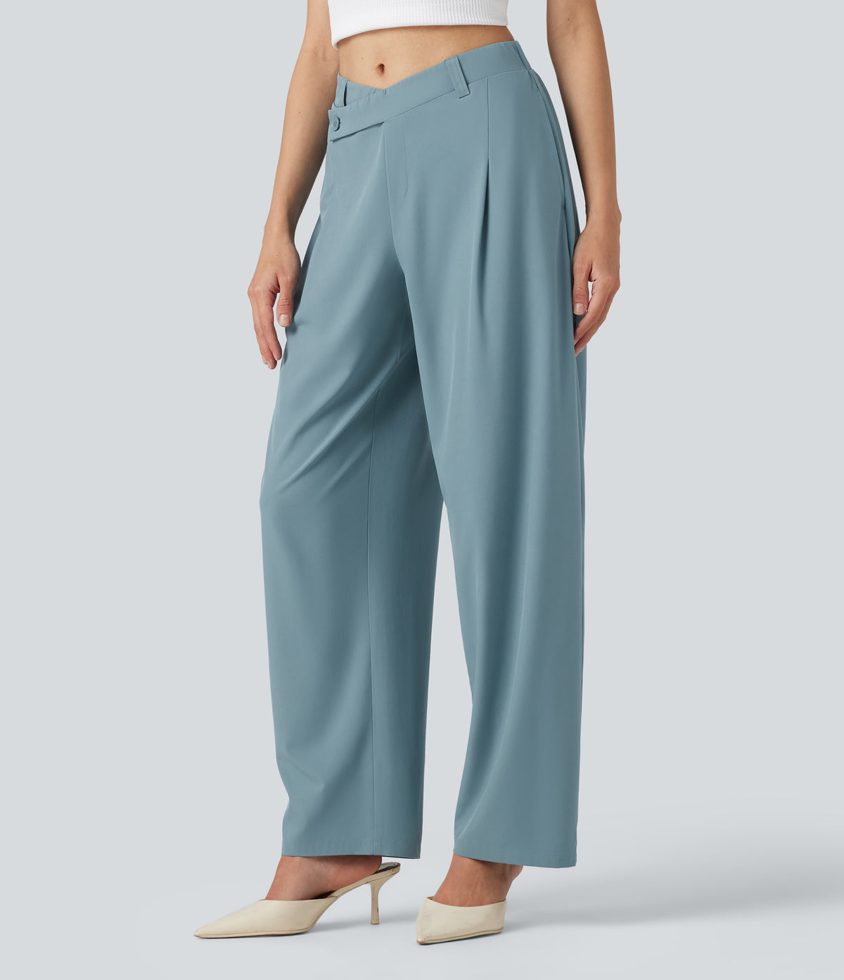 Asymmetric Mid Rise Barrel Leg Quick Dry Work Trousers with Pockets — Stone Blue — view 3