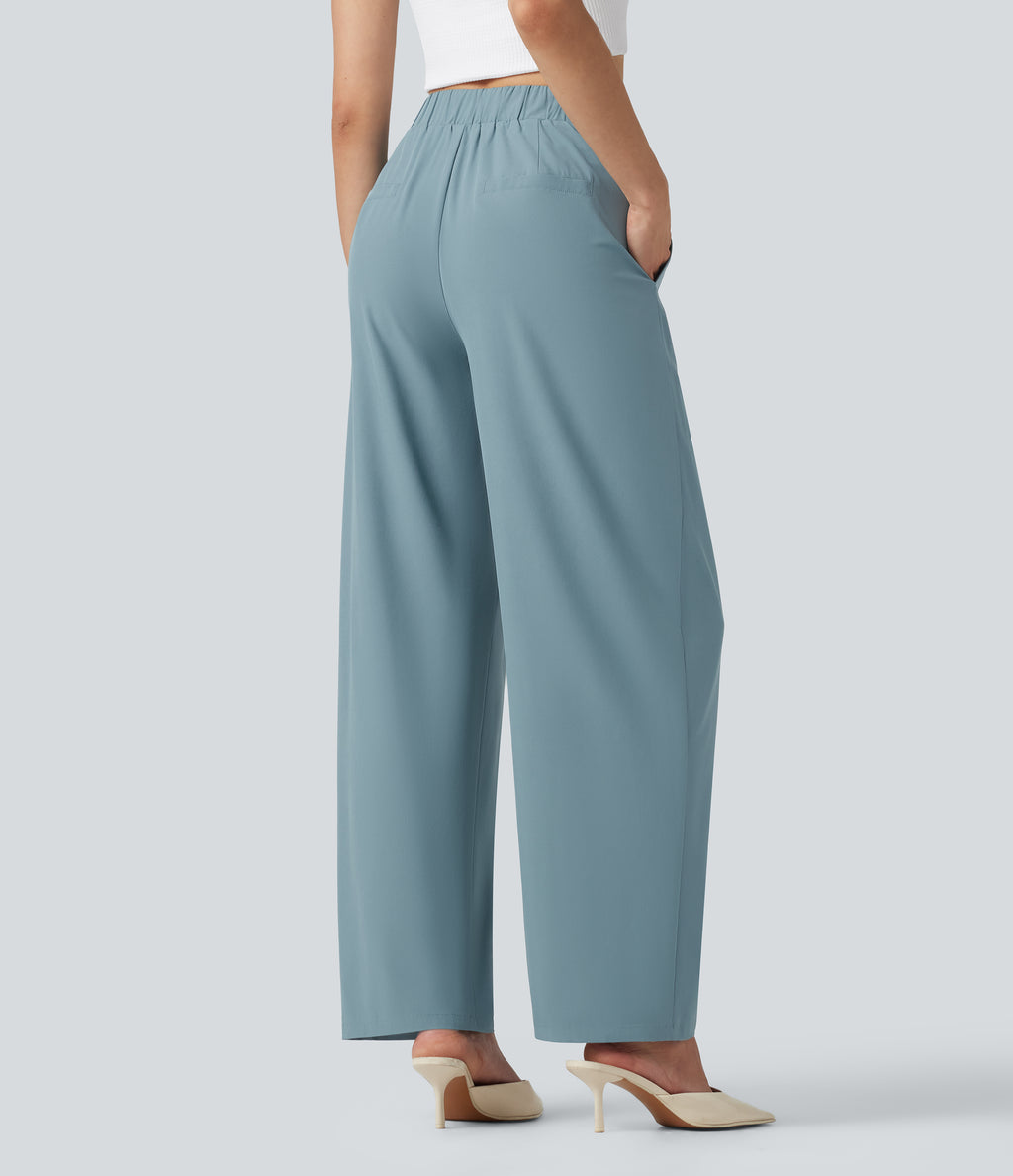 Asymmetric Mid Rise Barrel Leg Quick Dry Work Trousers with Pockets — Stone Blue — view 4