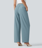 Asymmetric Mid Rise Barrel Leg Quick Dry Work Trousers with Pockets — Stone Blue — view 4